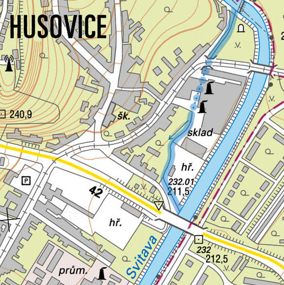 Tlustší modrou čarou je na mapce zobrazen průběh Husovického náhonu v roce 2021. Ve své závěrečné, nejjižnější části plyne náhon podél ulice Kaloudovy až pod Husovický most.