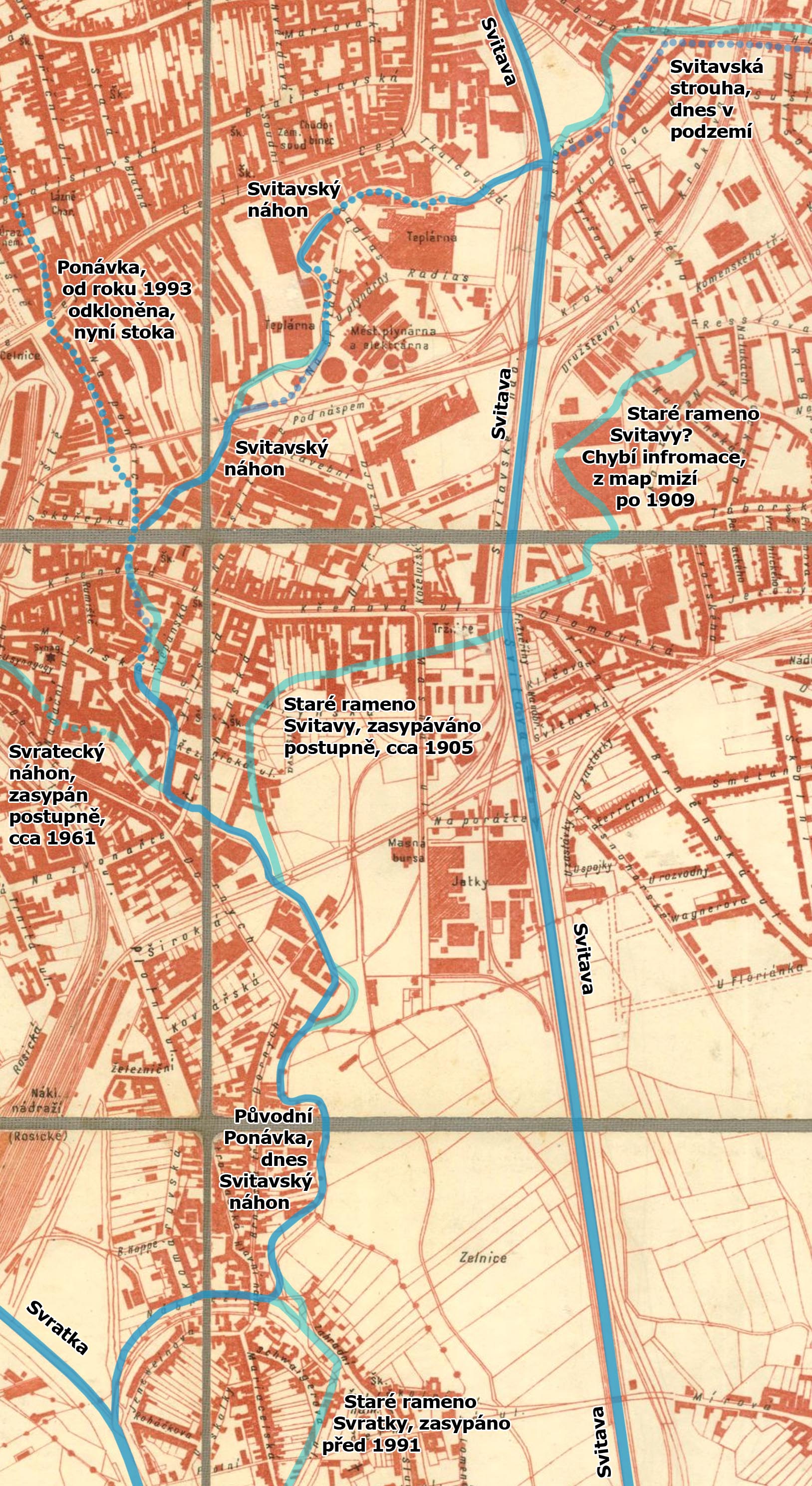 Zakreslení Svitavského náhonu na plánu města Brna z roku 1936.