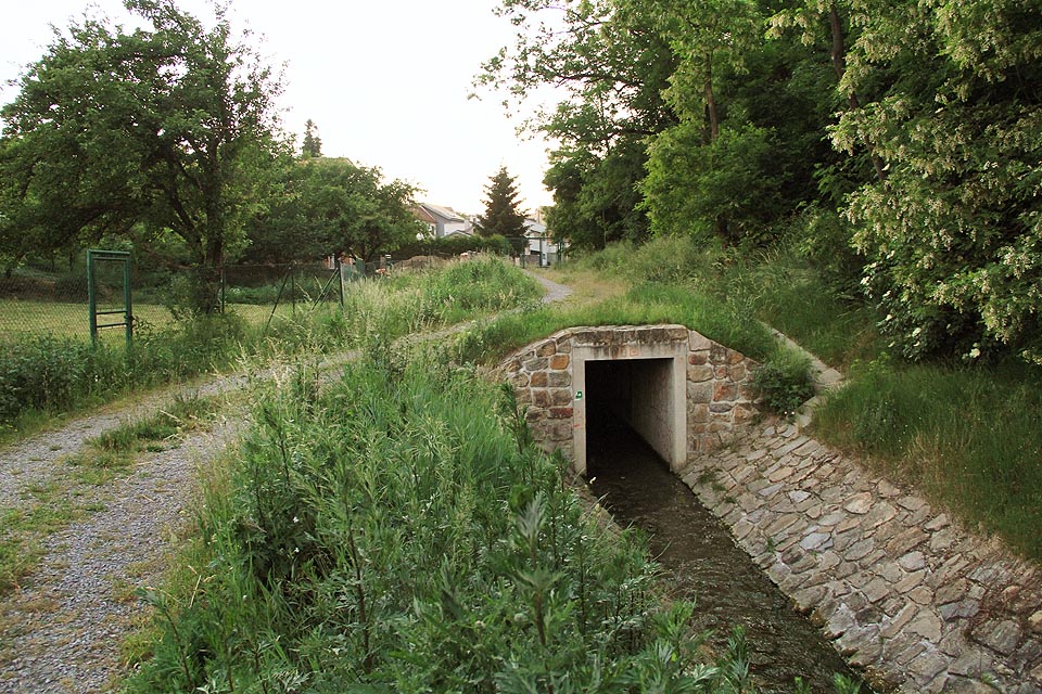 Portál tunelu Líšeňského potoka se ukrývá uvnitř oploceného areálu pod koncem dolní větve ulice Podhorní.